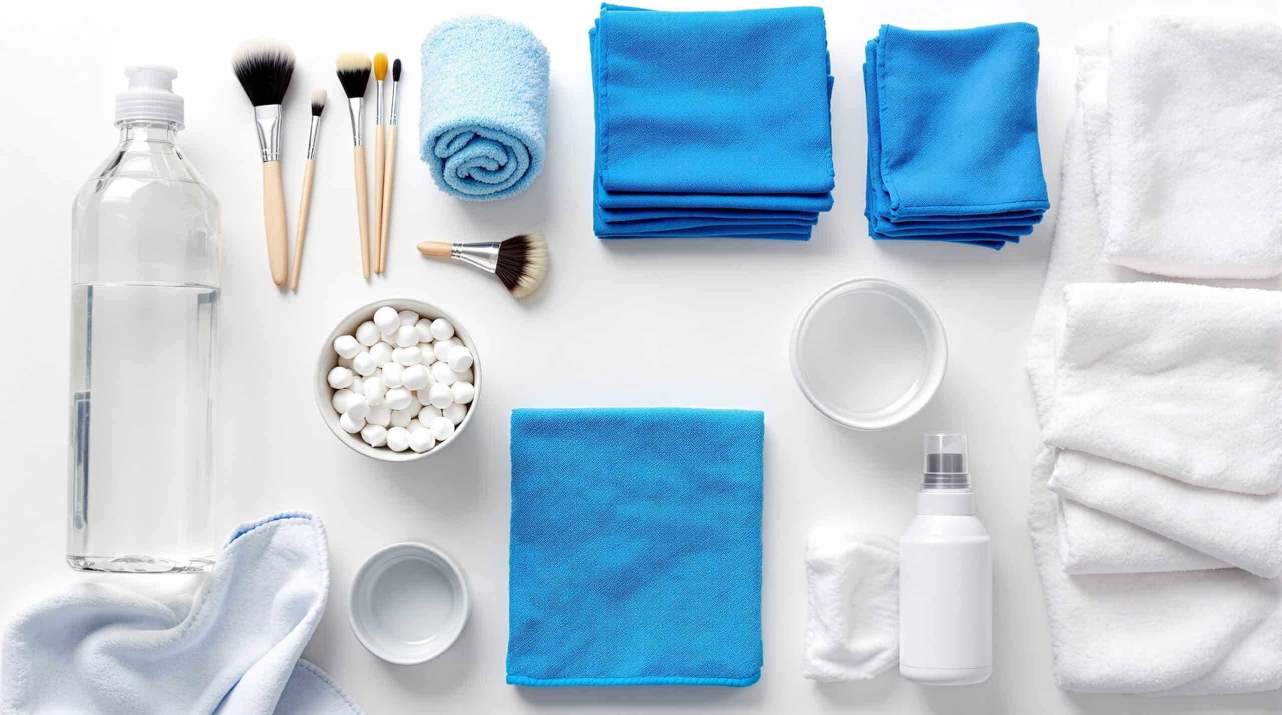 フィギュアクリーニングに必要な基本用品：中性洗剤、マイクロファイバークロス、柔らかい筆、綿棒、エアダスター